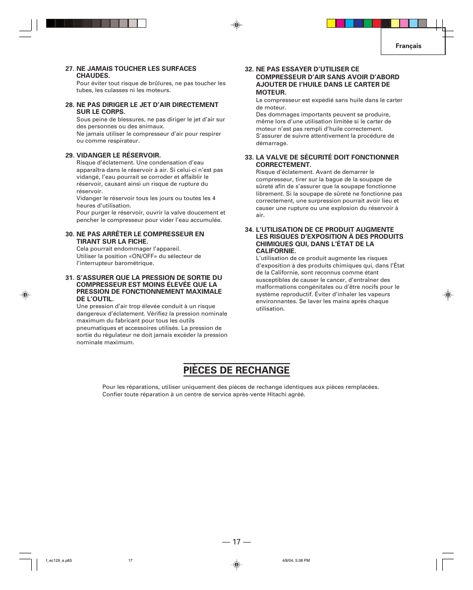 Pièces de rechange | Hitachi EC 129 User Manual | Page 17 / 38