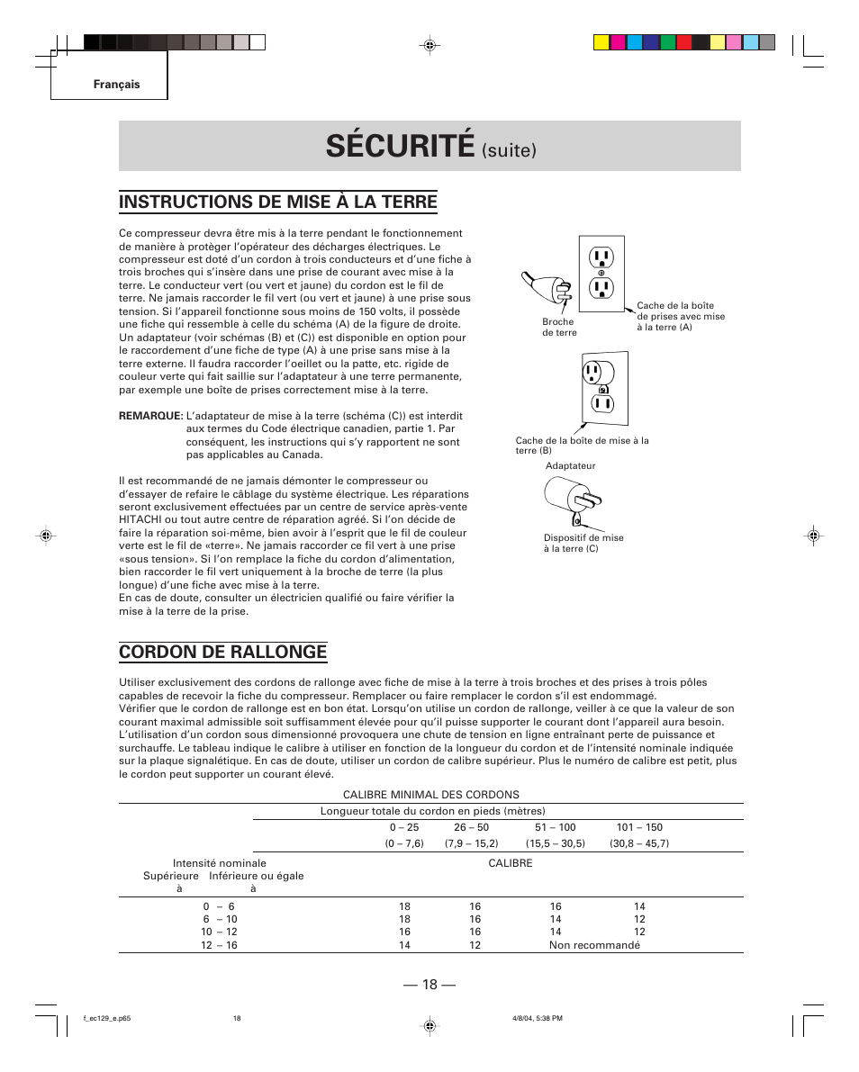 Sécurité, Suite), Instructions de mise à la terre | Cordon de rallonge | Hitachi EC 129 User Manual | Page 18 / 38