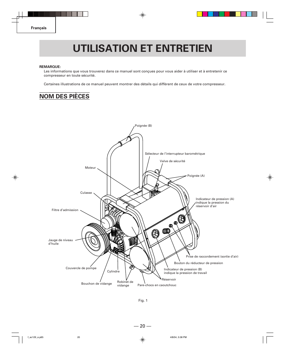 Utilisation et entretien, Nom des pièces | Hitachi EC 129 User Manual | Page 20 / 38