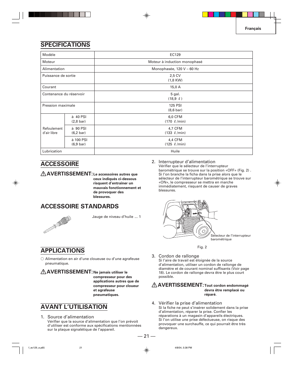 Specifications, Accessoire, Accessoire standards | Applications, Avant l’utilisation, Avertissement | Hitachi EC 129 User Manual | Page 21 / 38