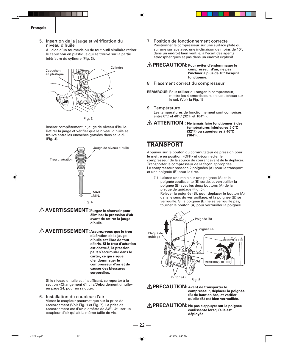 Transport, Avertissement, Precaution | Attention | Hitachi EC 129 User Manual | Page 22 / 38