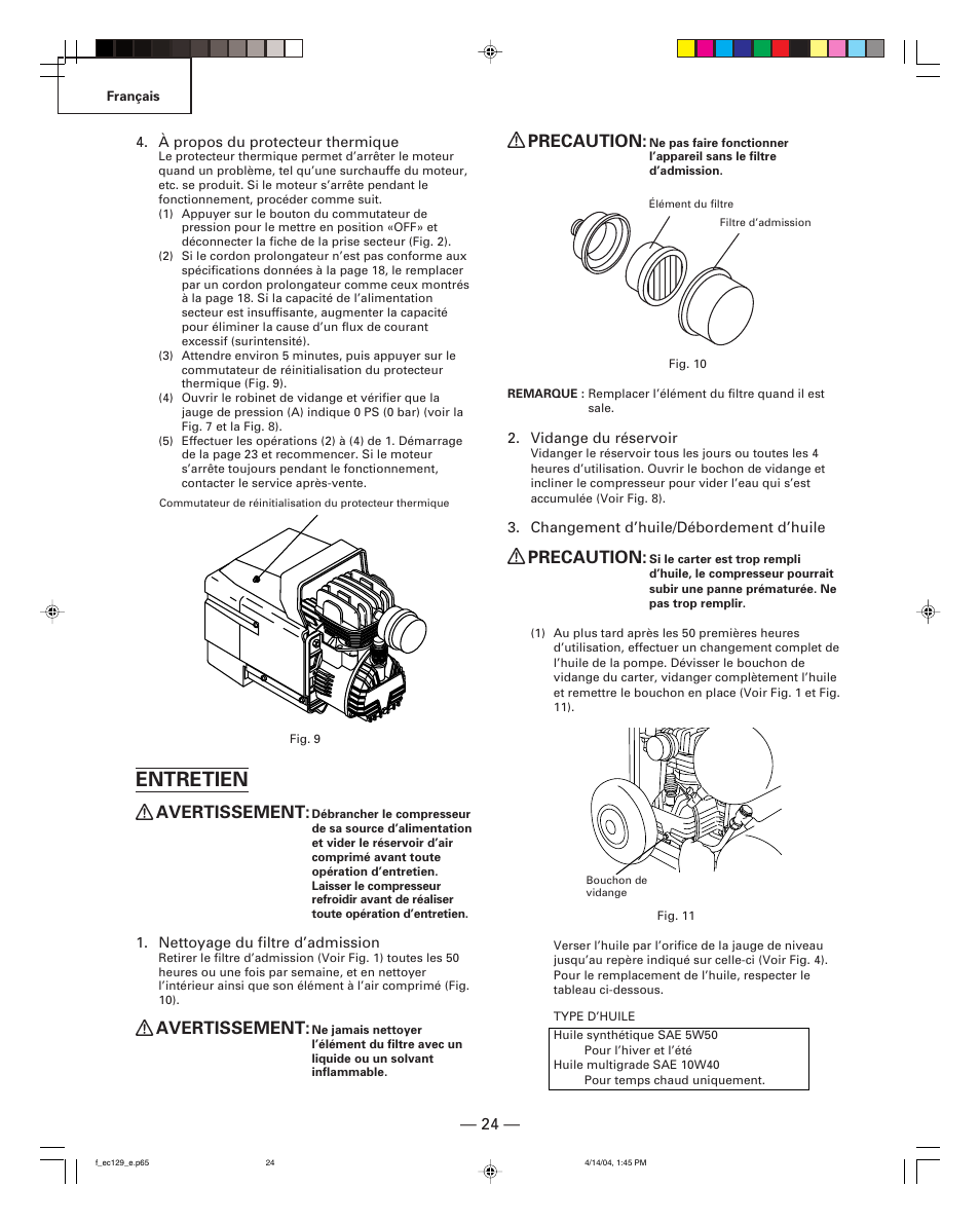 Entretien, Avertissement, Precaution | Hitachi EC 129 User Manual | Page 24 / 38