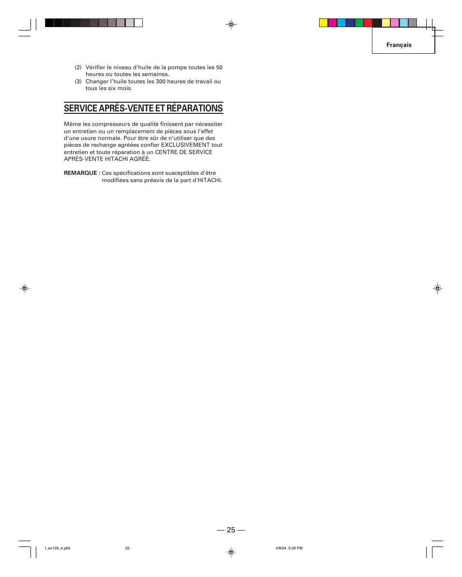 Service après-vente et réparations | Hitachi EC 129 User Manual | Page 25 / 38