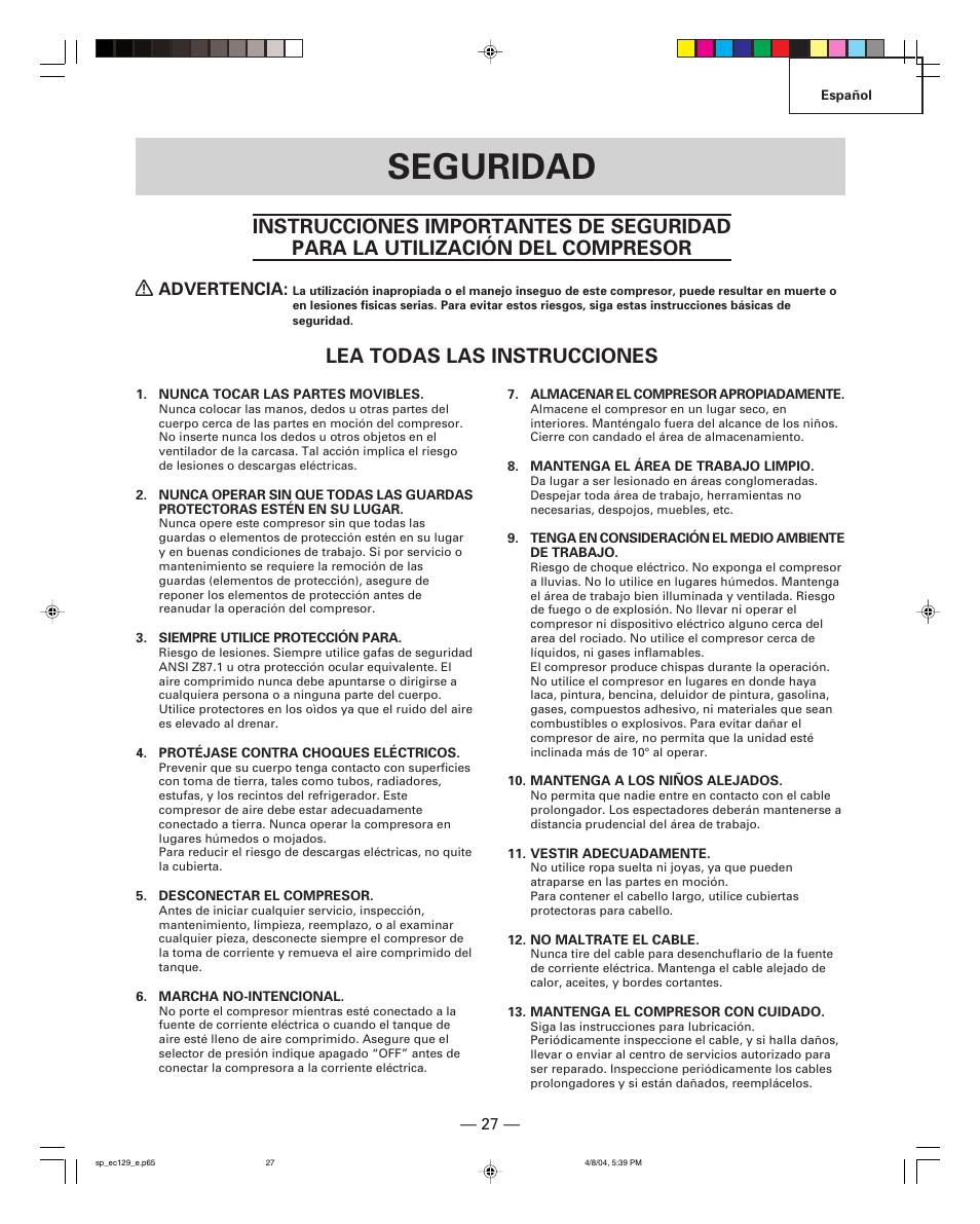 Seguridad, Lea todas las instrucciones, Advertencia | Hitachi EC 129 User Manual | Page 27 / 38