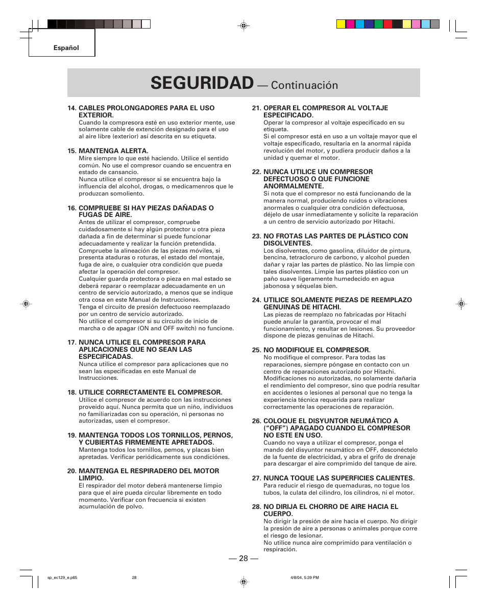 Seguridad, Continuación | Hitachi EC 129 User Manual | Page 28 / 38