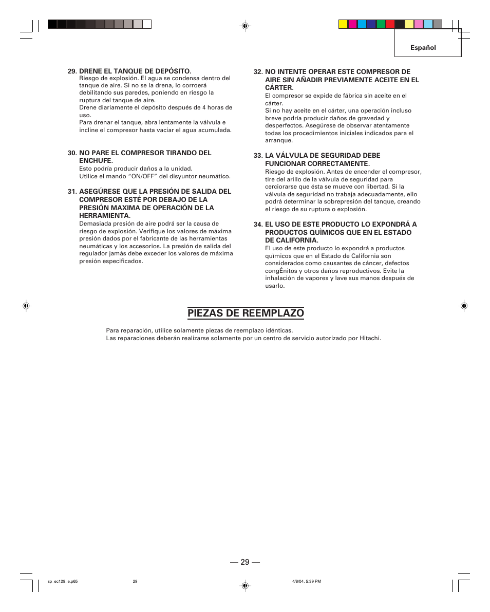 Piezas de reemplazo | Hitachi EC 129 User Manual | Page 29 / 38
