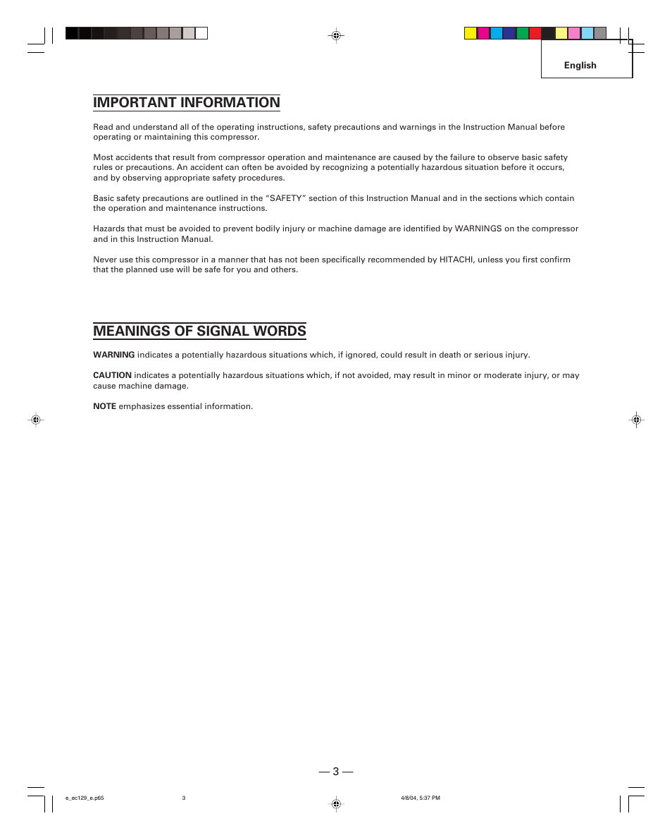 Important information, Meanings of signal words | Hitachi EC 129 User Manual | Page 3 / 38