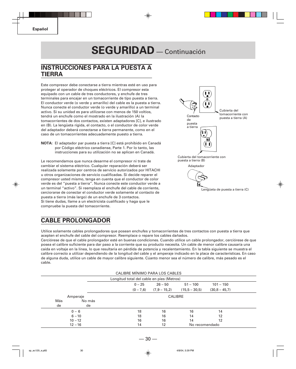 Seguridad, Continuación, Instrucciones para la puesta a tierra | Cable prolongador | Hitachi EC 129 User Manual | Page 30 / 38