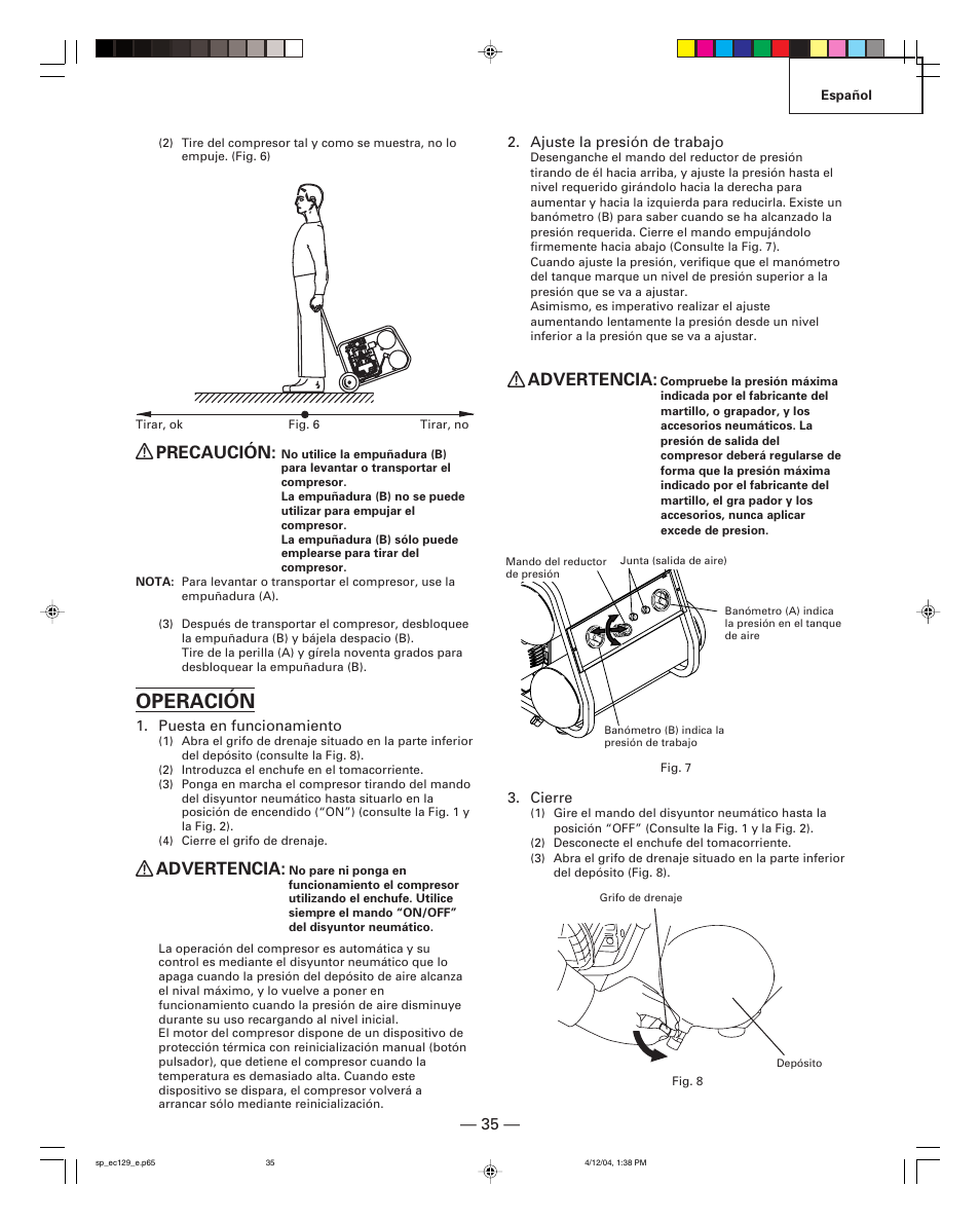 Operación, Precaución, Advertencia | Hitachi EC 129 User Manual | Page 35 / 38