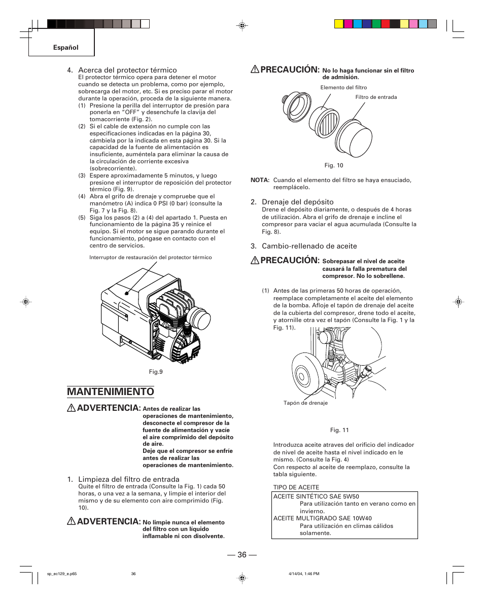 Mantenimiento, Advertencia, Precaución | Hitachi EC 129 User Manual | Page 36 / 38