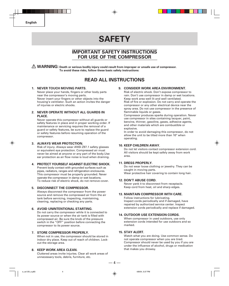 Safety, Read all instructions, Warning | Hitachi EC 129 User Manual | Page 4 / 38