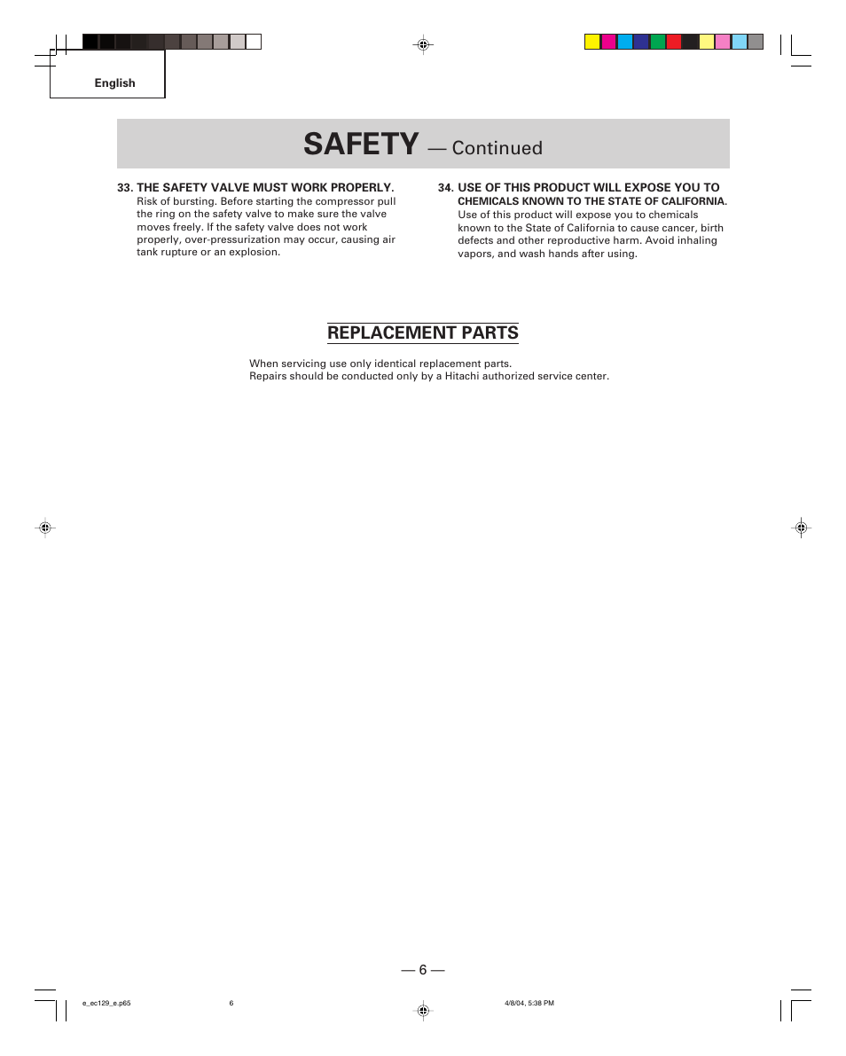 Safety, Continued, Replacement parts | Hitachi EC 129 User Manual | Page 6 / 38