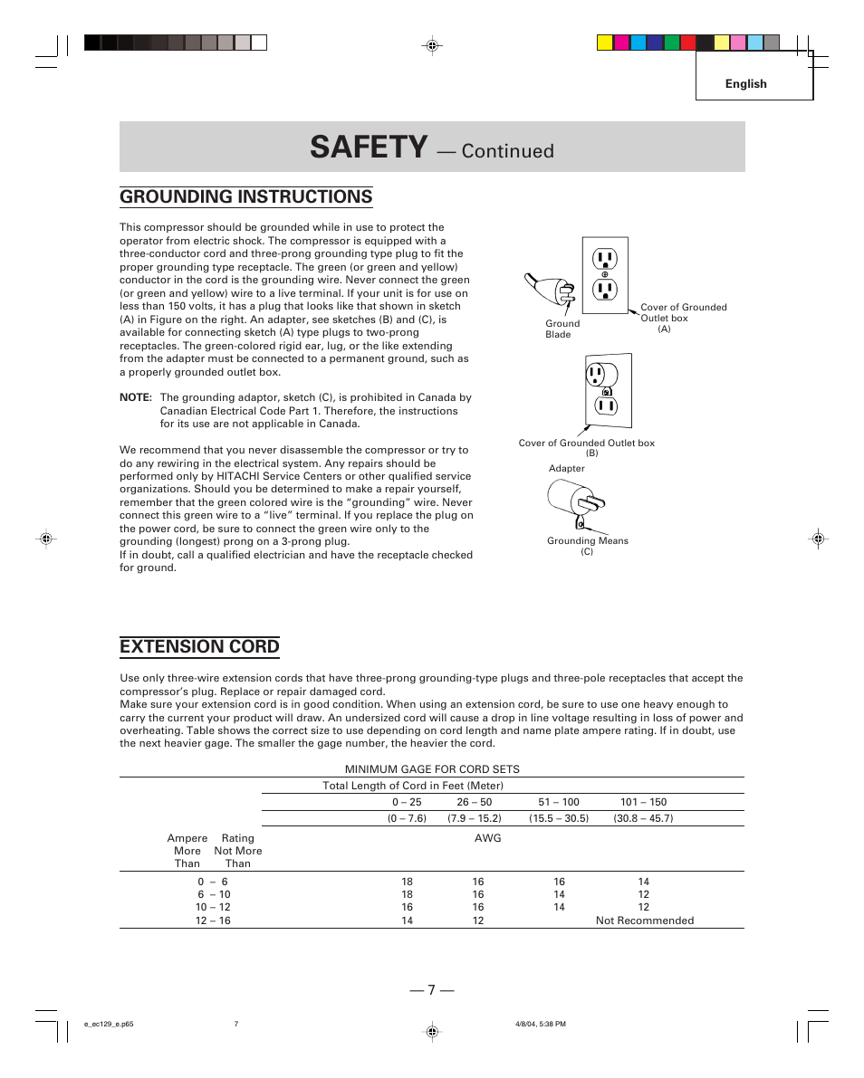 Safety, Continued, Grounding instructions | Extension cord | Hitachi EC 129 User Manual | Page 7 / 38