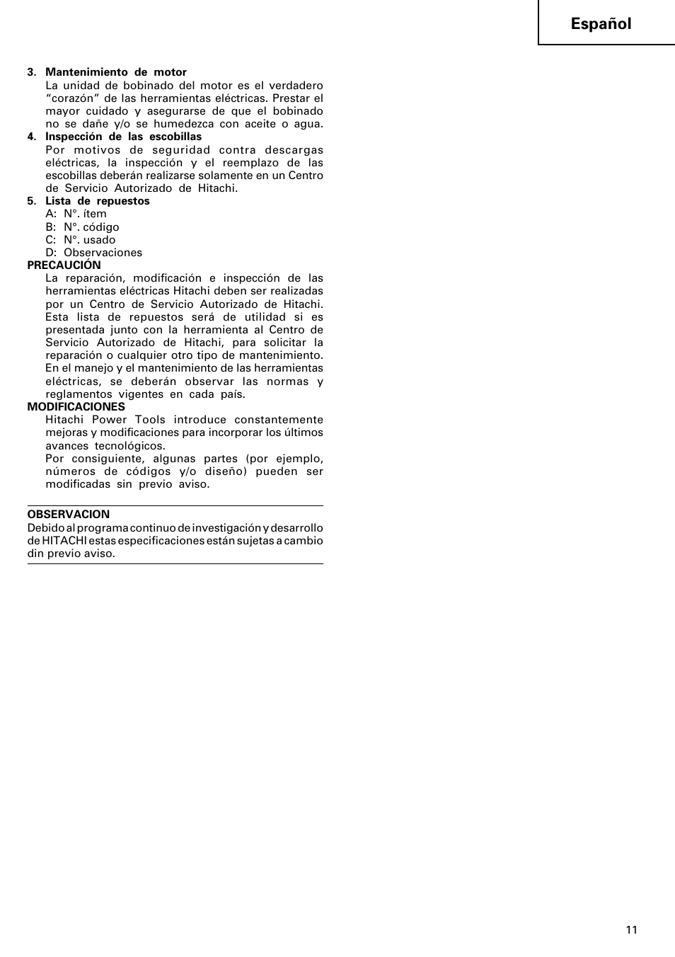 Español | Hitachi WR 22SA User Manual | Page 12 / 21