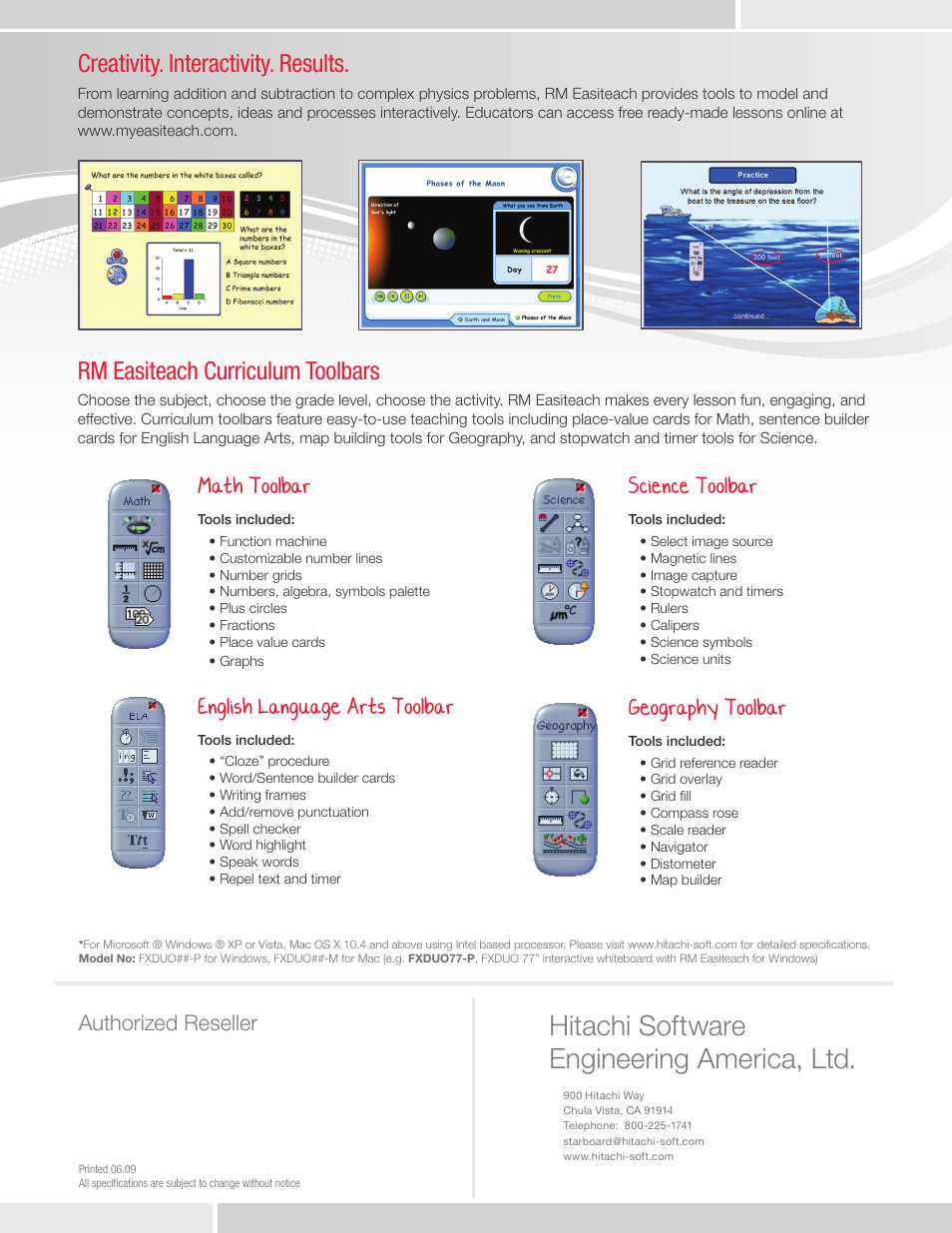 Math toolbar, English language arts toolbar, Science toolbar | Geography toolbar, Hitachi software engineering america, ltd, Rm easiteach curriculum toolbars, Creativity. interactivity. results | Hitachi StarBoard FXDUO77-P User Manual | Page 2 / 2