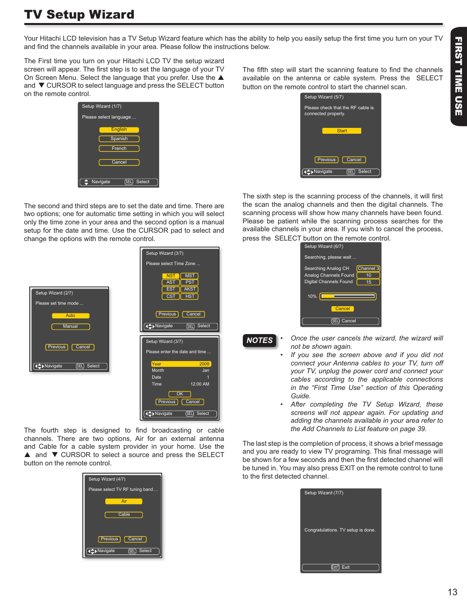 Tv setup wizard, First time use 13 | Hitachi L42S503 User Manual | Page 13 / 56