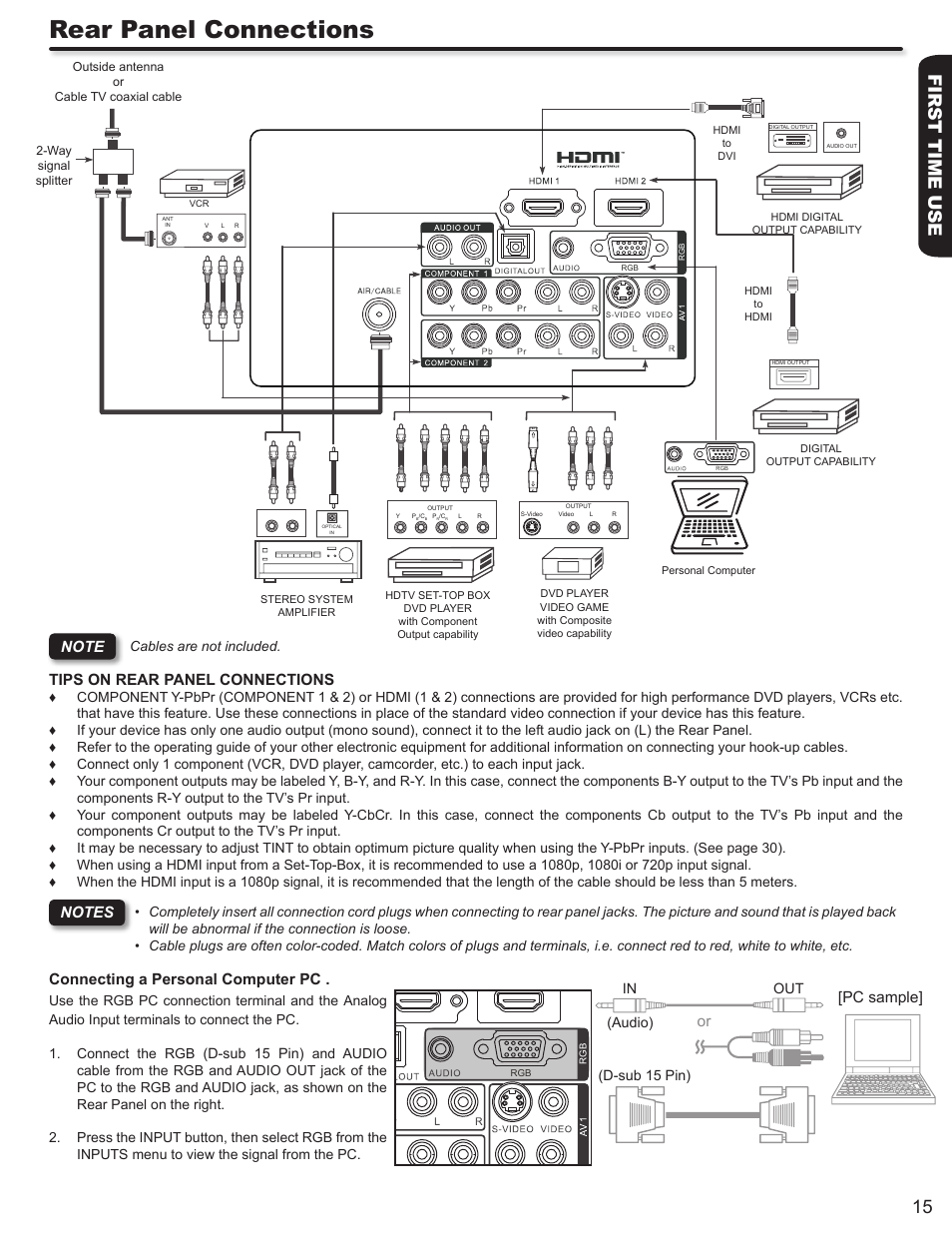 Rear panel connections, First time use 15, Pc sample | Connecting a personal computer pc | Hitachi L42S503 User Manual | Page 15 / 56