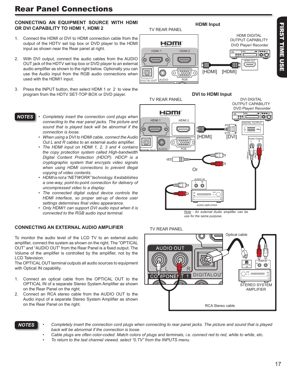 Rear panel connections, First time use 17 | Hitachi L42S503 User Manual | Page 17 / 56