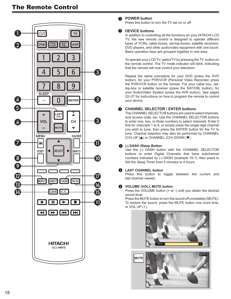 The remote control | Hitachi L42S503 User Manual | Page 18 / 56