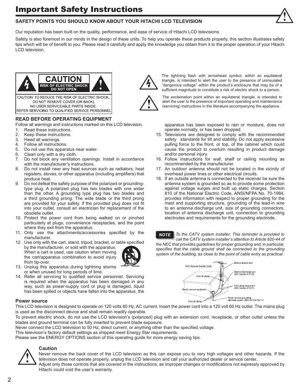 Important safety instructions | Hitachi L42S503 User Manual | Page 2 / 56
