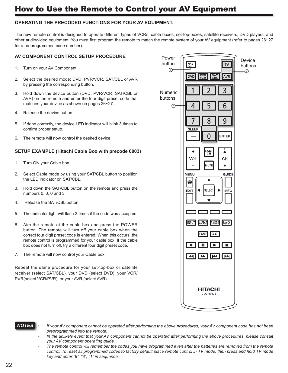 How to use the remote to control your av equipment | Hitachi L42S503 User Manual | Page 22 / 56