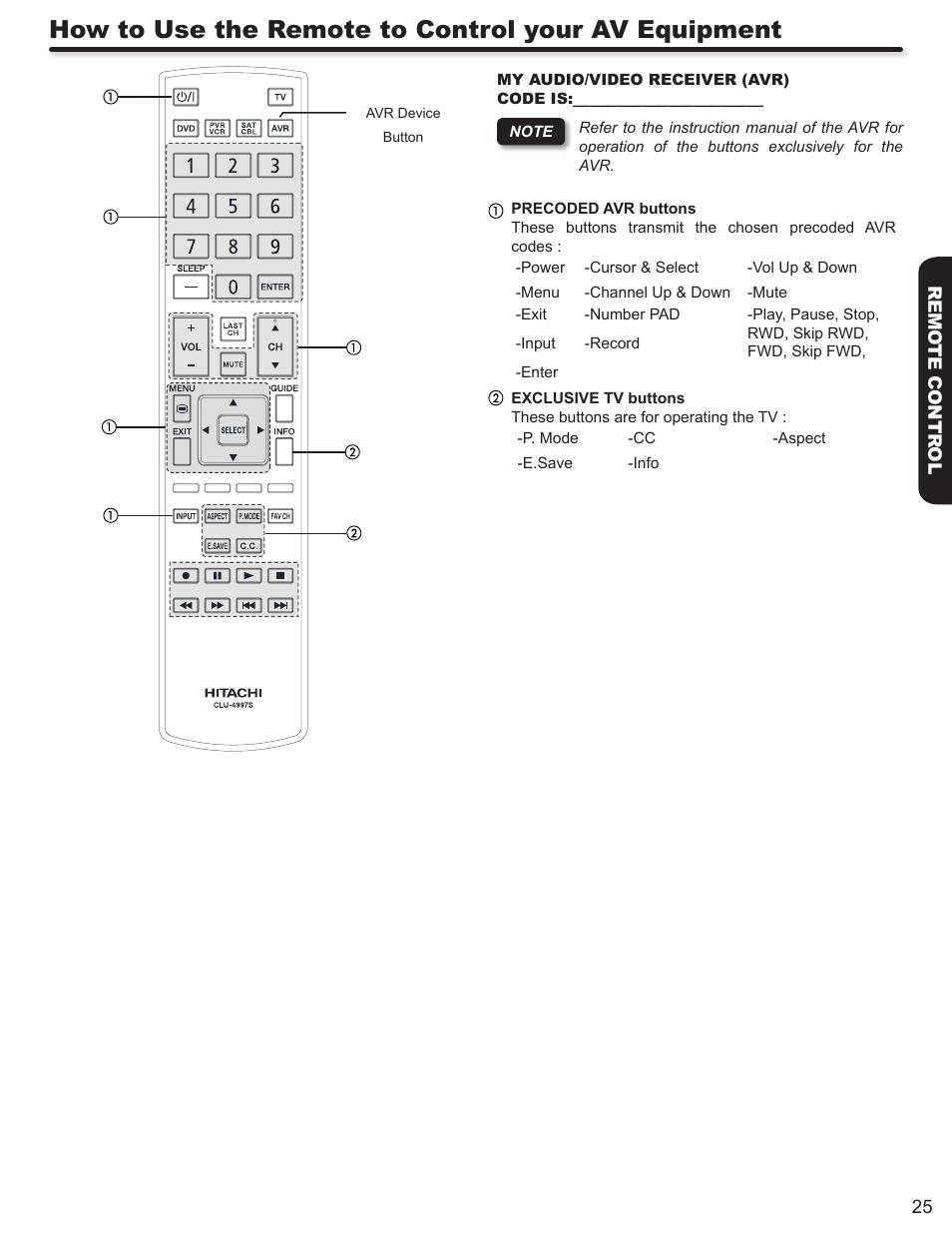 How to use the remote to control your av equipment | Hitachi L42S503 User Manual | Page 25 / 56