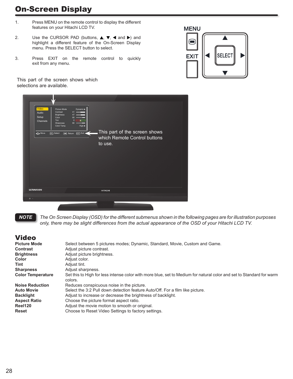 On-screen display, Video | Hitachi L42S503 User Manual | Page 28 / 56