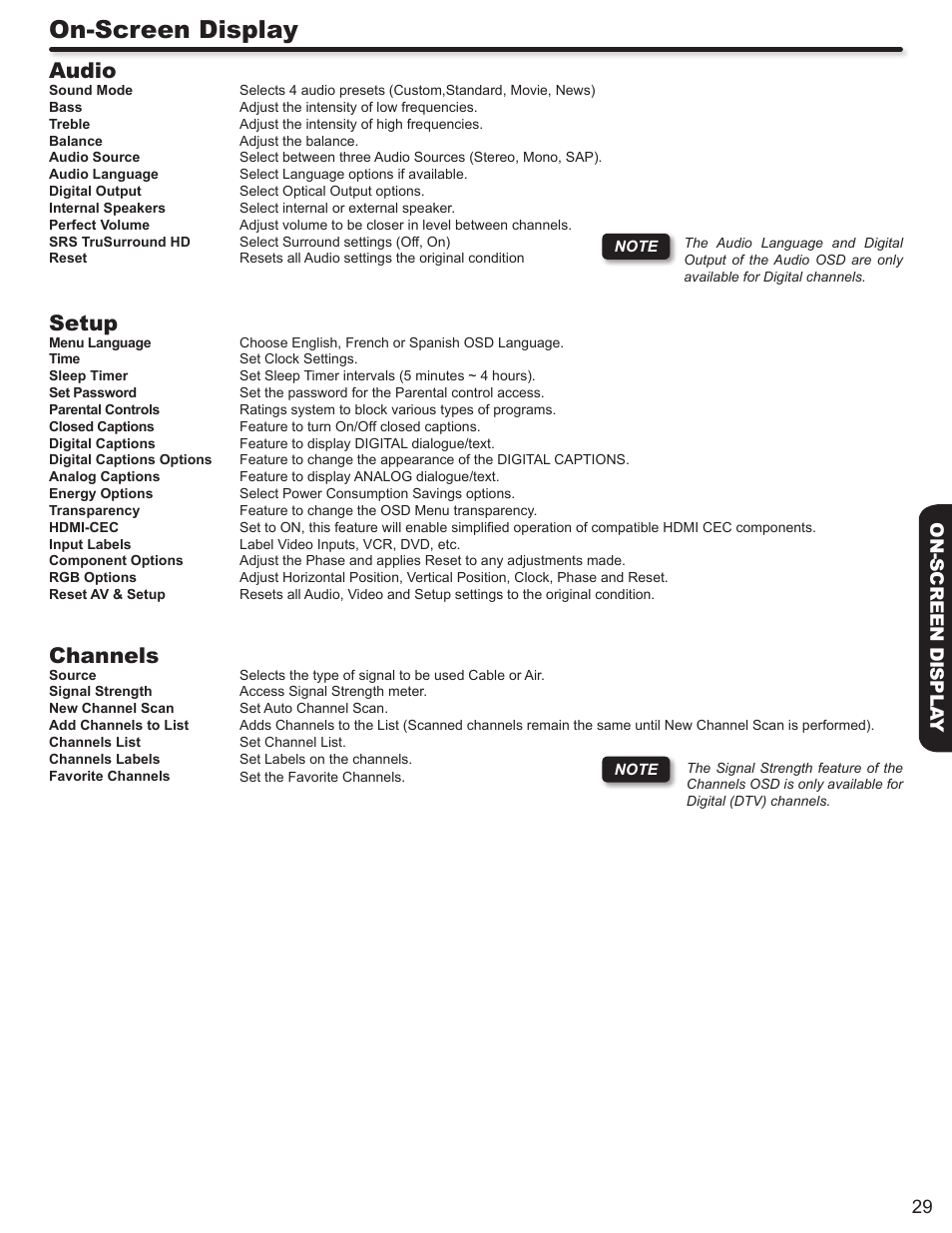 On-screen display, Audio, Setup | Channels, 29 on-screen displa y | Hitachi L42S503 User Manual | Page 29 / 56