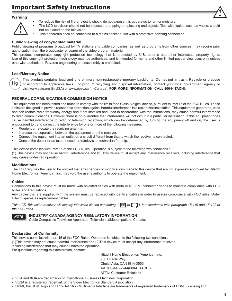 Important safety instructions | Hitachi L42S503 User Manual | Page 3 / 56