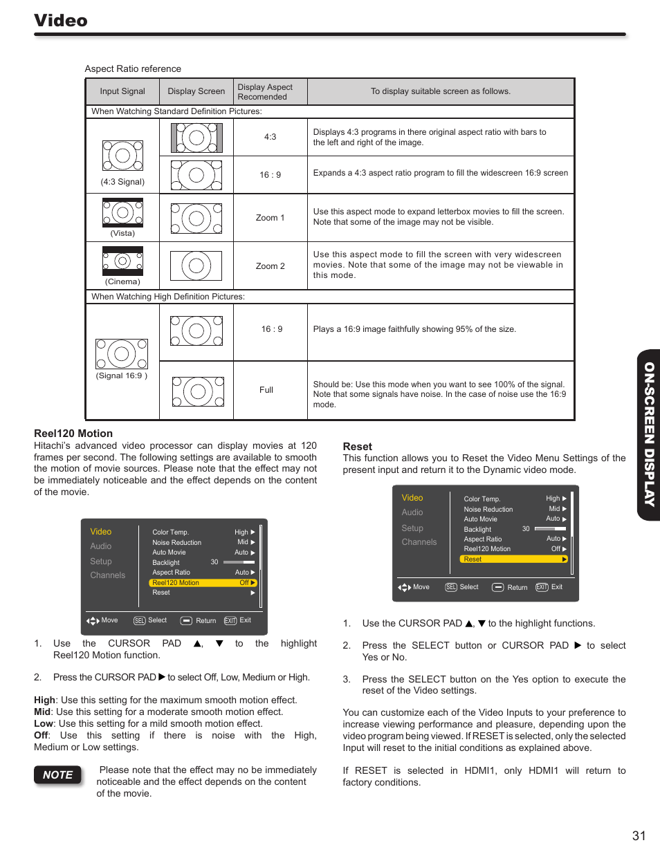 Video, 31 on-screen displa y | Hitachi L42S503 User Manual | Page 31 / 56