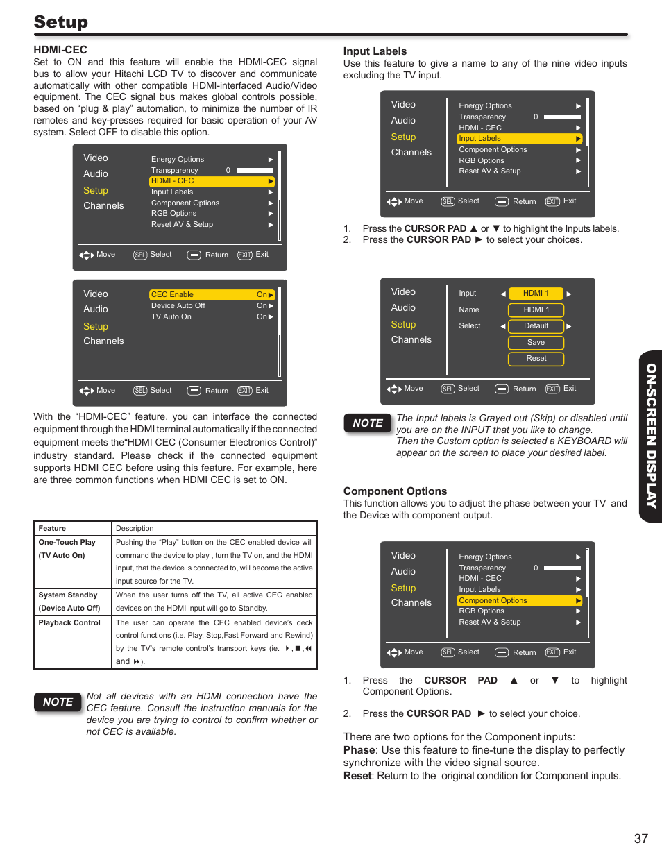 Setup, 37 on-screen displa y | Hitachi L42S503 User Manual | Page 37 / 56