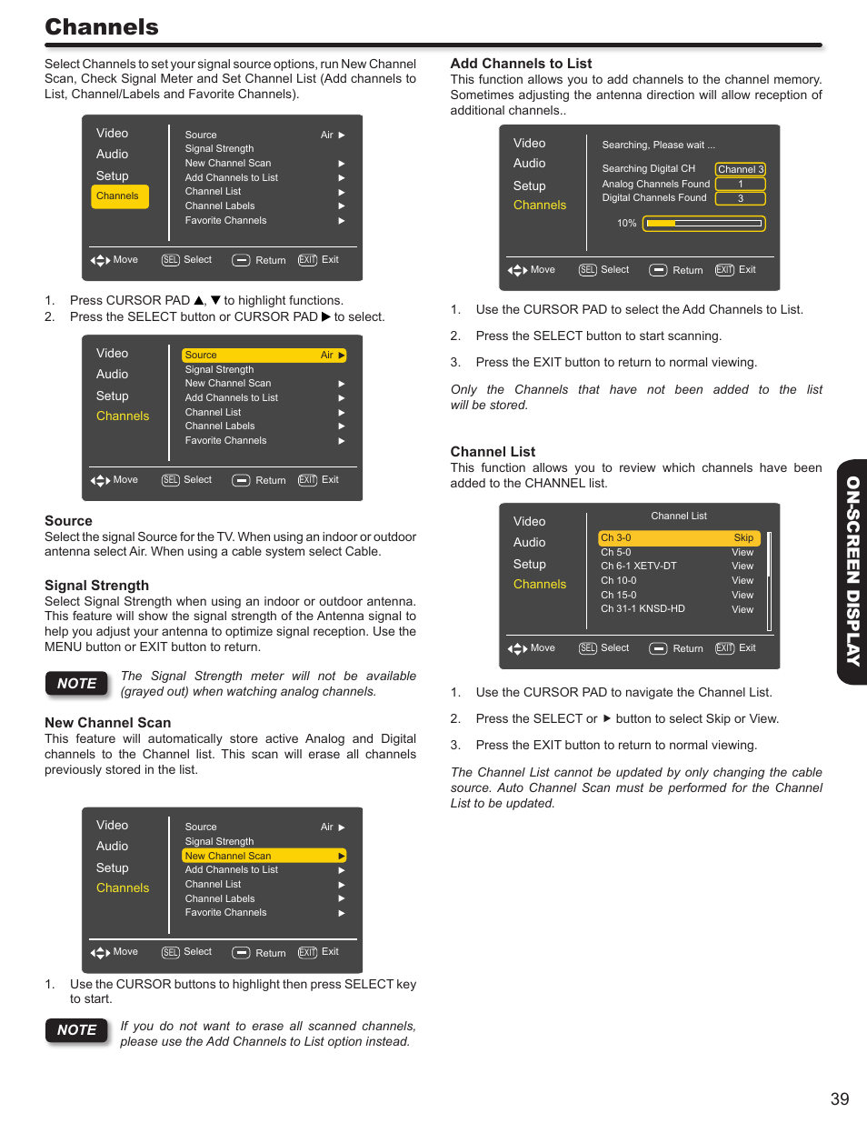 Channels, 39 on-screen displa y | Hitachi L42S503 User Manual | Page 39 / 56