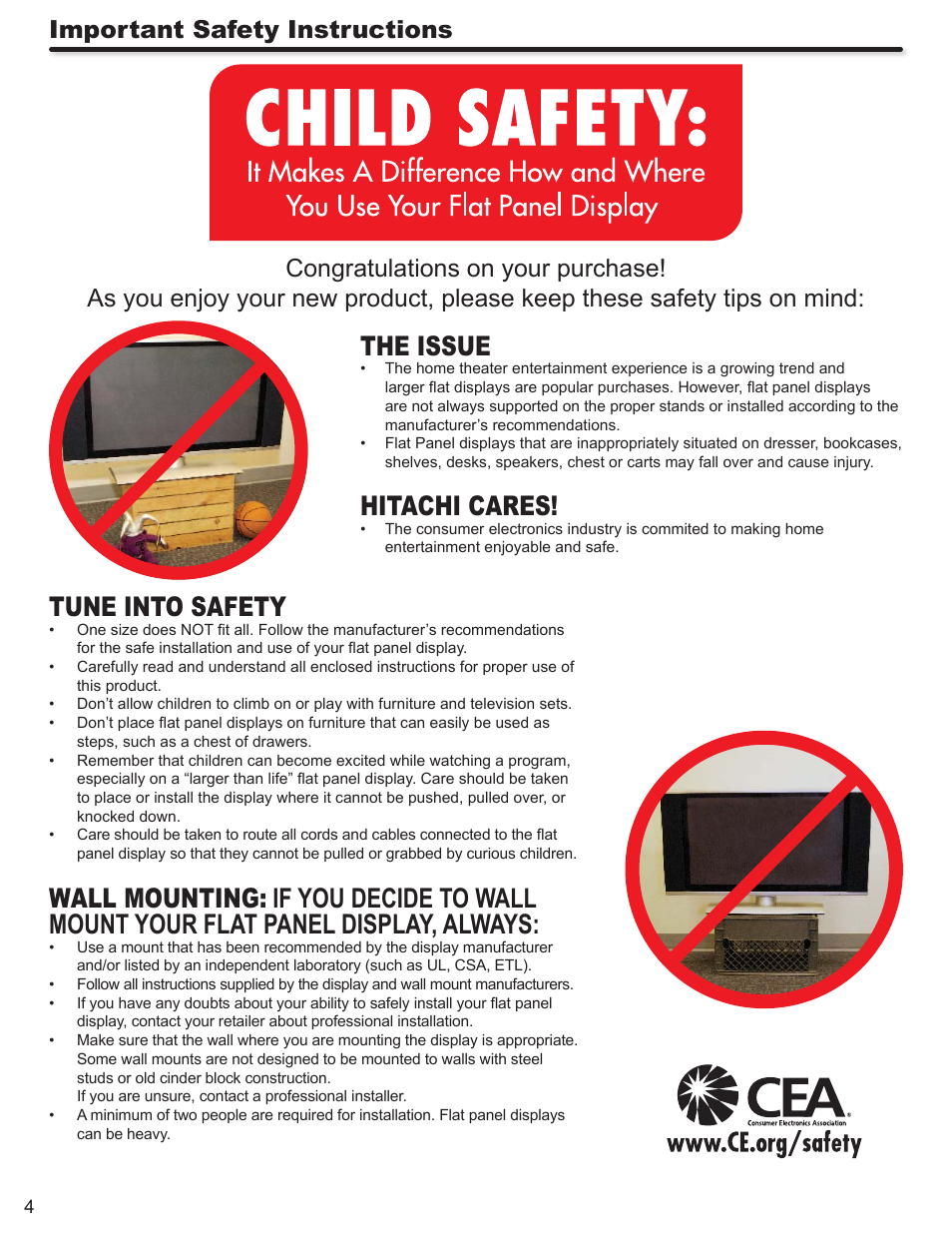 The issue, Hitachi cares, Tune into safety | Hitachi L42S503 User Manual | Page 4 / 56