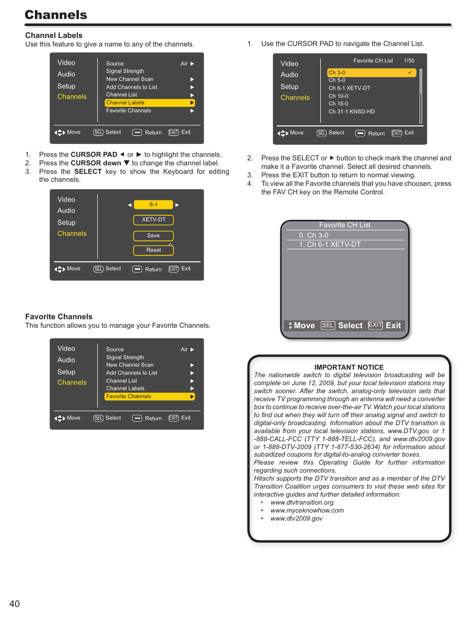 Channels, Move select exit | Hitachi L42S503 User Manual | Page 40 / 56