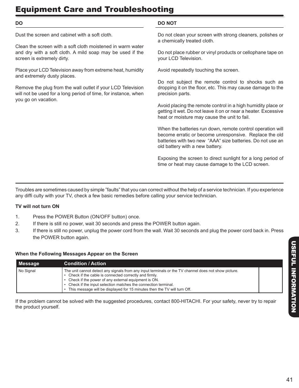 Equipment care and troubleshooting | Hitachi L42S503 User Manual | Page 41 / 56