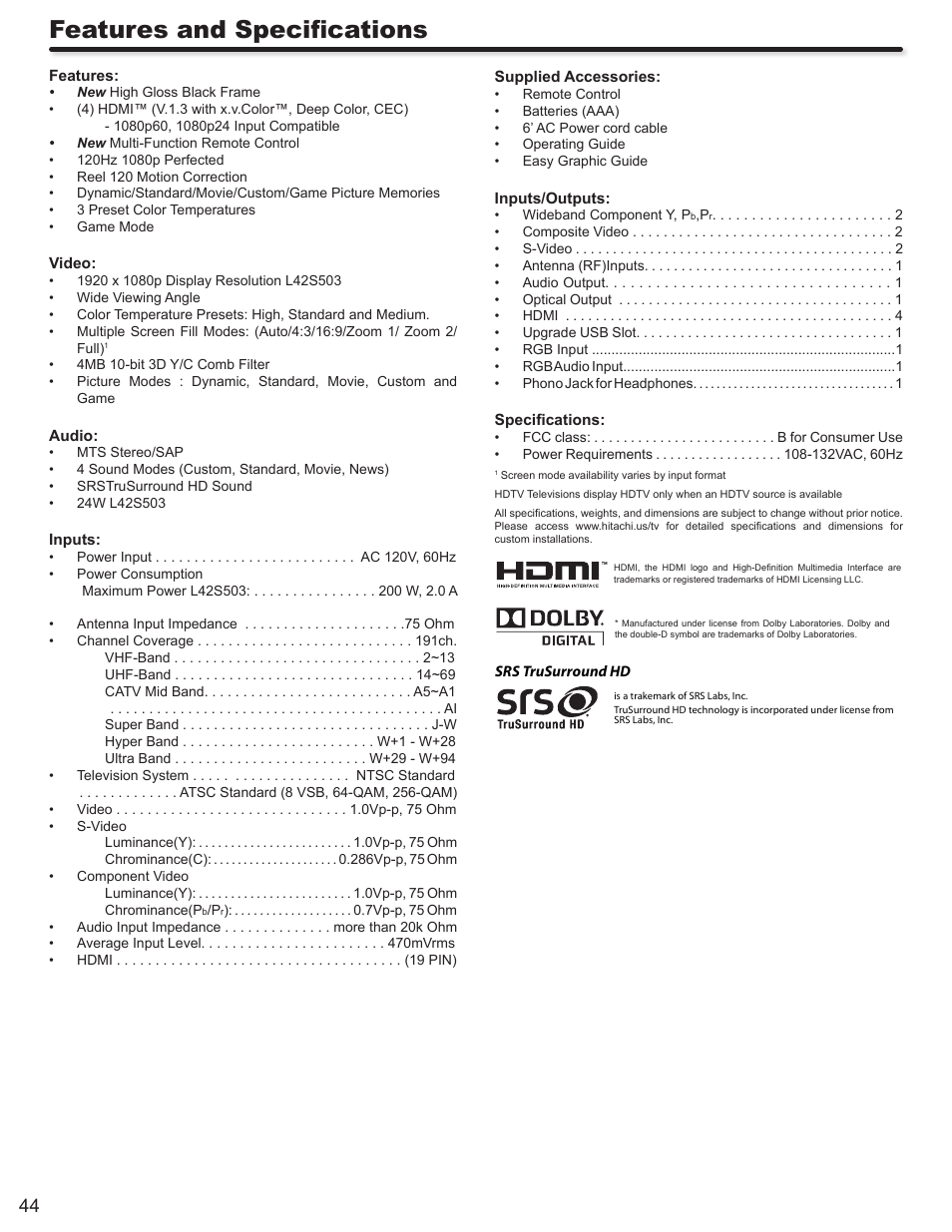 Features and specifications | Hitachi L42S503 User Manual | Page 44 / 56