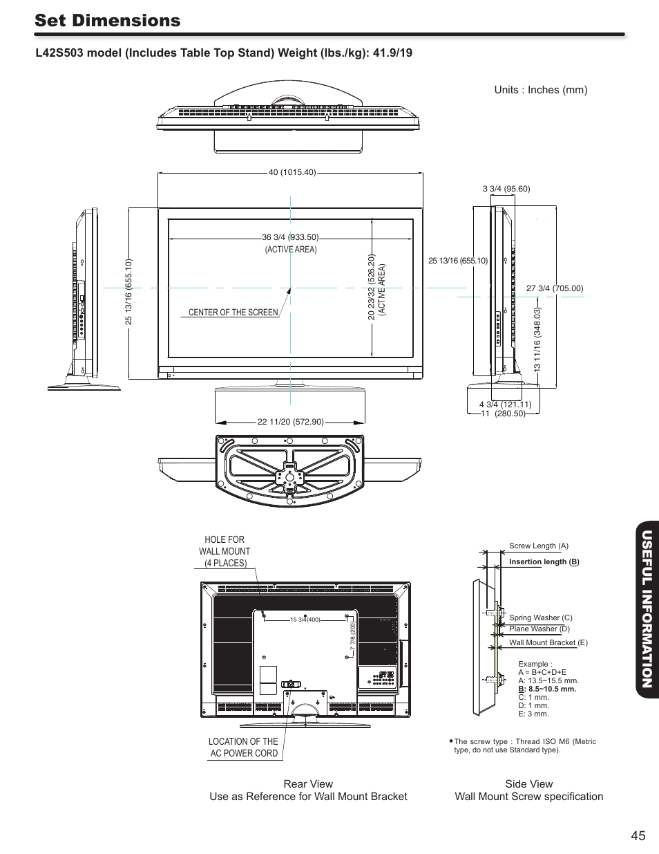 Set dimensions, 45 useful informa tion | Hitachi L42S503 User Manual | Page 45 / 56