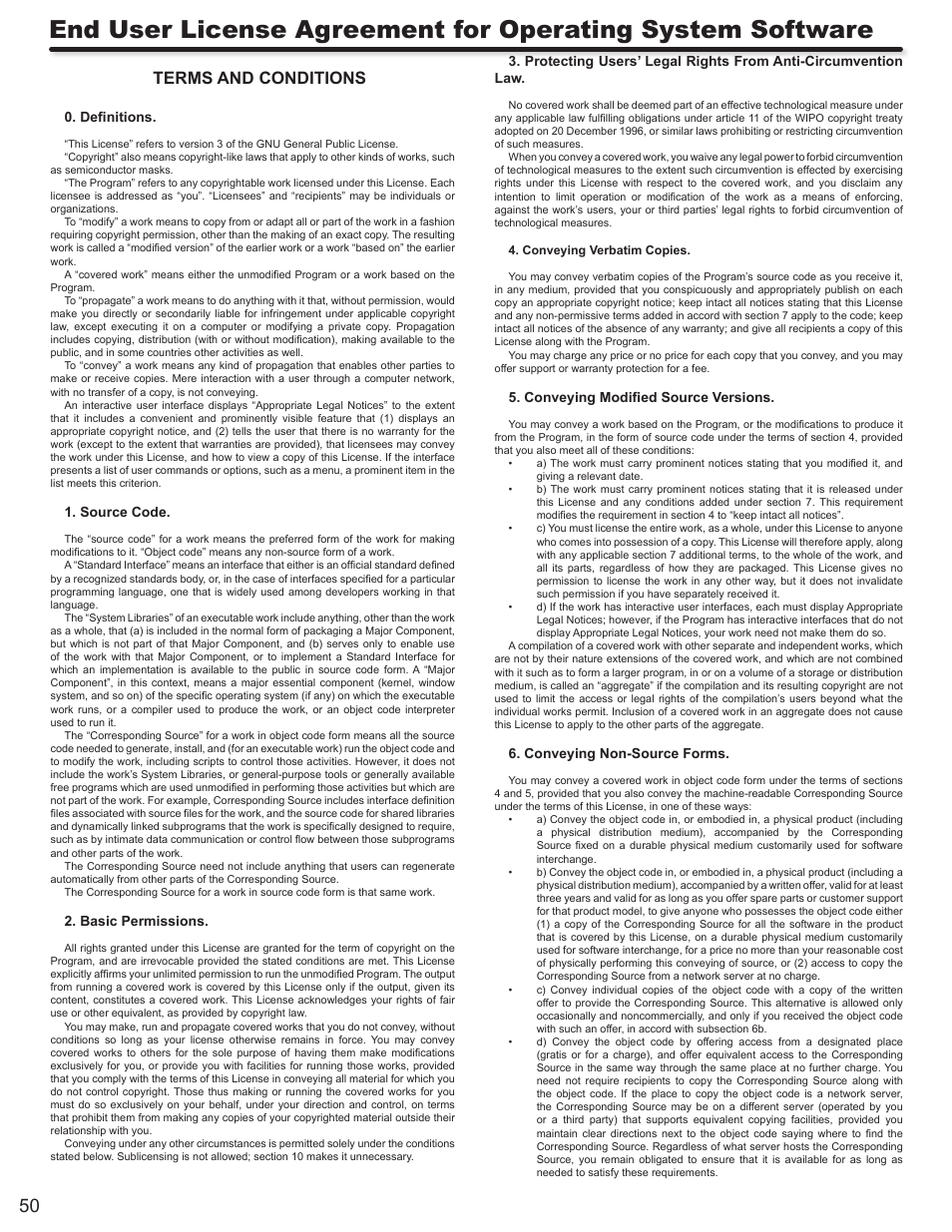 Terms and conditions, Definitions, Source code | Basic permissions, Conveying modified source versions, Conveying non-source forms | Hitachi L42S503 User Manual | Page 50 / 56