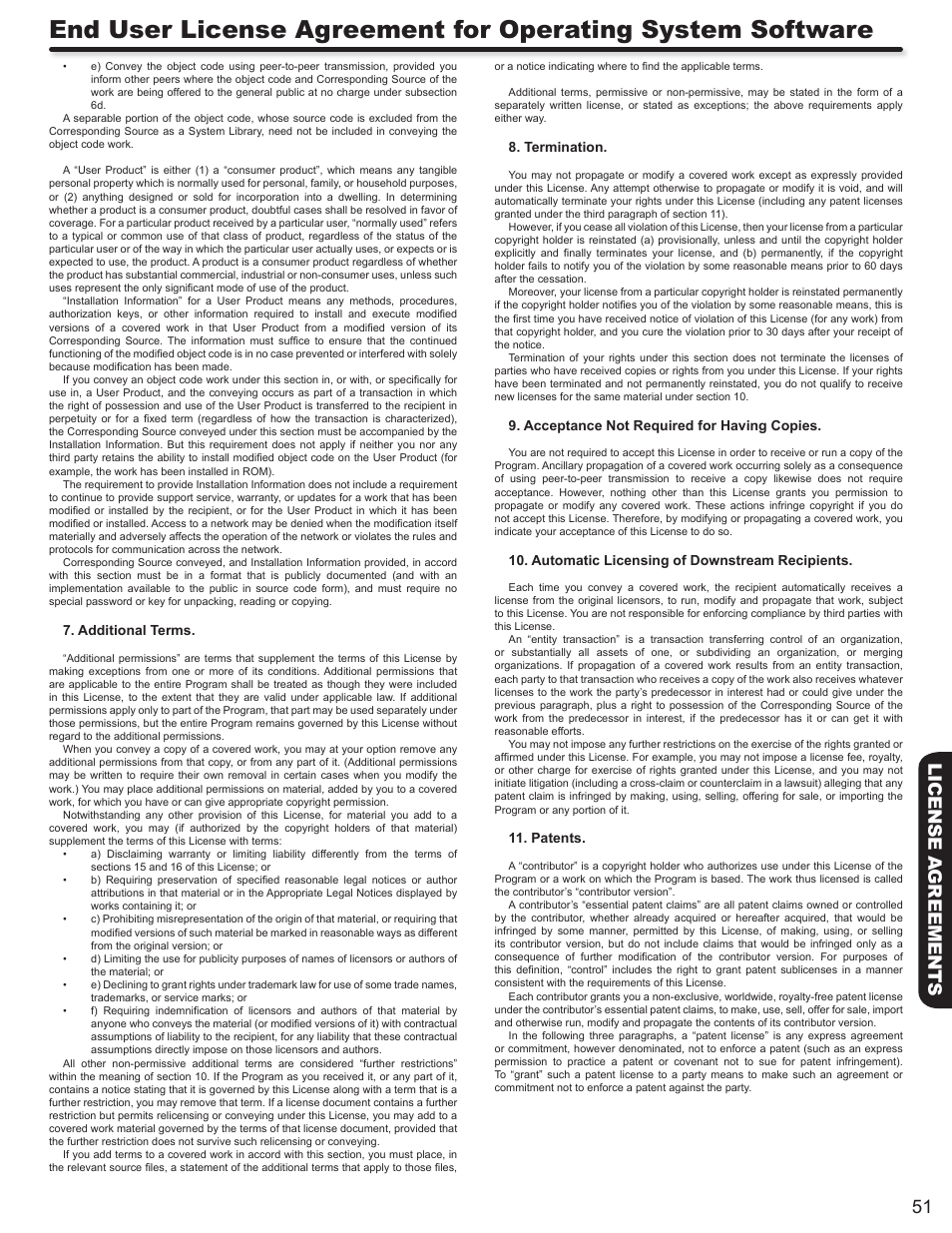 51 license a greements, Additional terms, Termination | Acceptance not required for having copies, Automatic licensing of downstream recipients, Patents | Hitachi L42S503 User Manual | Page 51 / 56