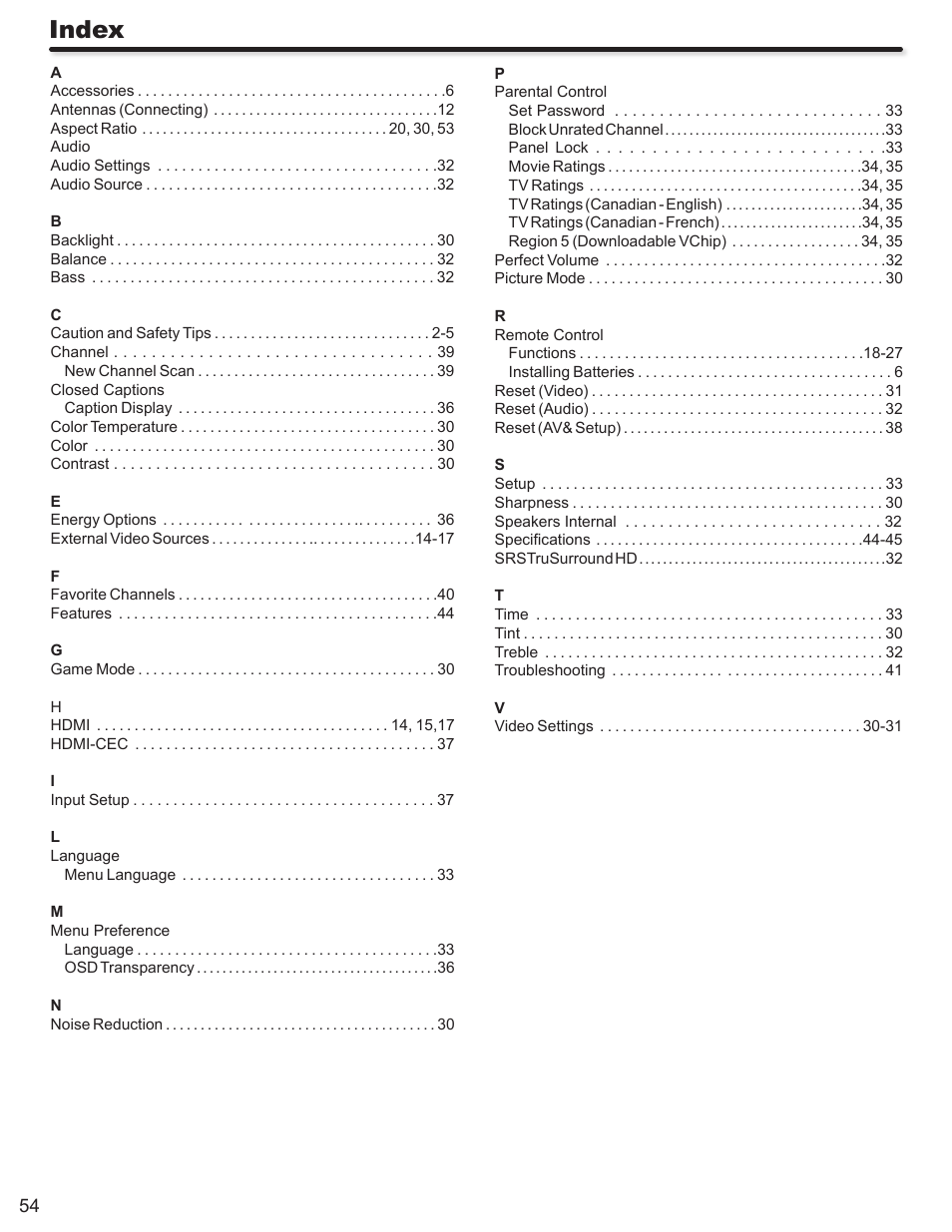 Index | Hitachi L42S503 User Manual | Page 54 / 56