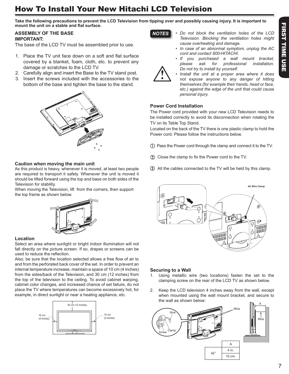 How to install your new hitachi lcd television, First time use 7 | Hitachi L42S503 User Manual | Page 7 / 56