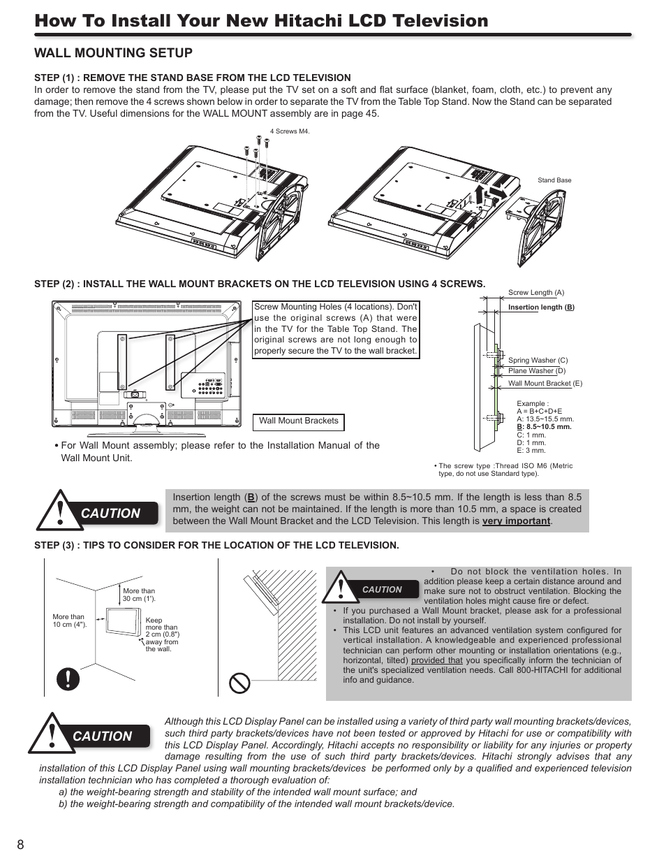 How to install your new hitachi lcd television, Wall mounting setup, Caution | Hitachi L42S503 User Manual | Page 8 / 56