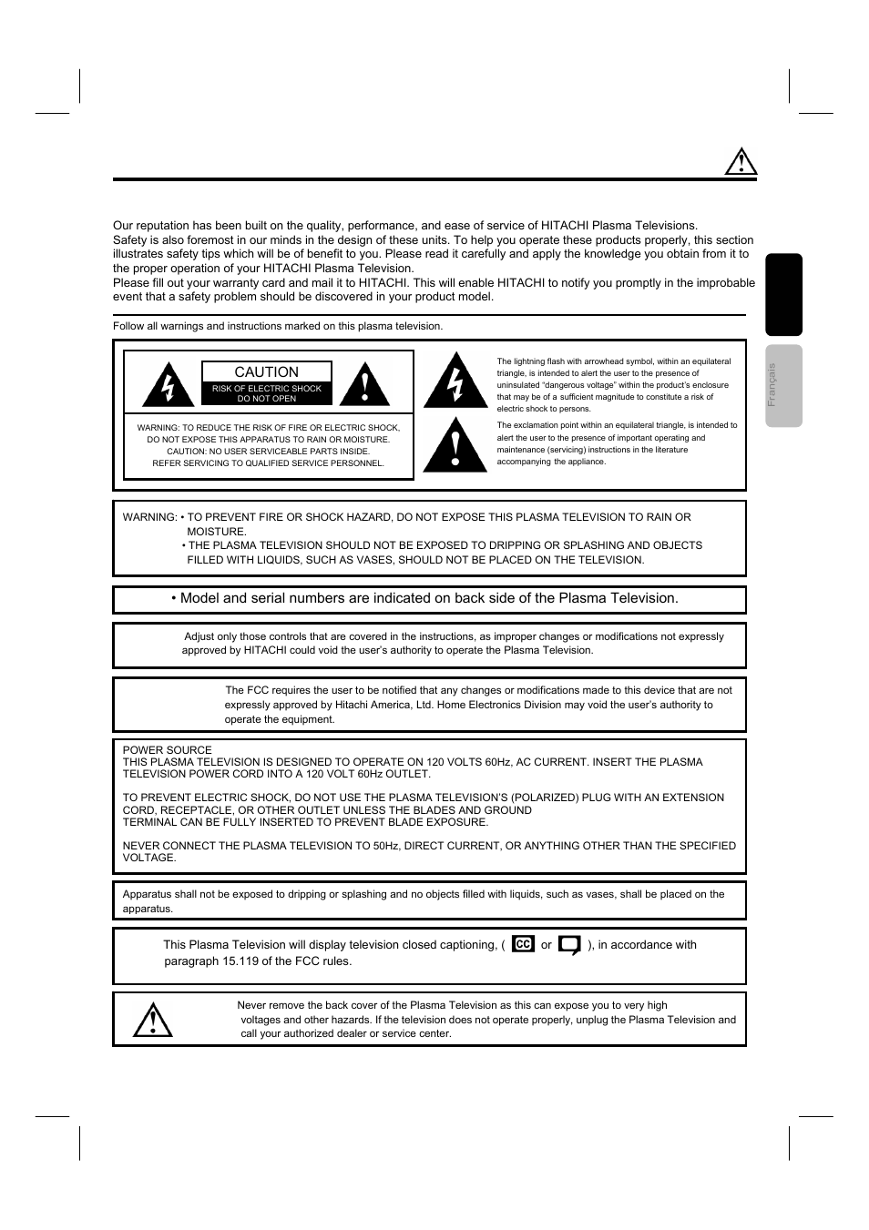Important safety instructions | Hitachi 42HDF52A User Manual | Page 2 / 52