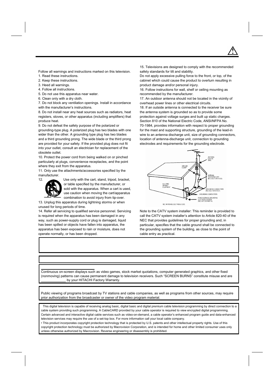 Important safety instructions | Hitachi 42HDF52A User Manual | Page 3 / 52
