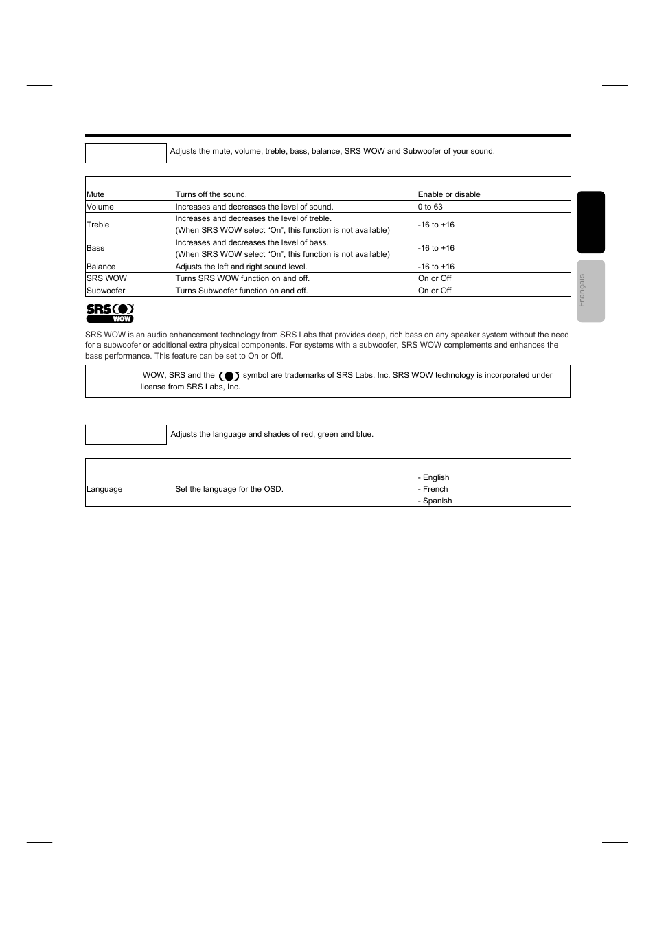 Osd (on-screen display), Audio language | Hitachi 42HDF52A User Manual | Page 32 / 52