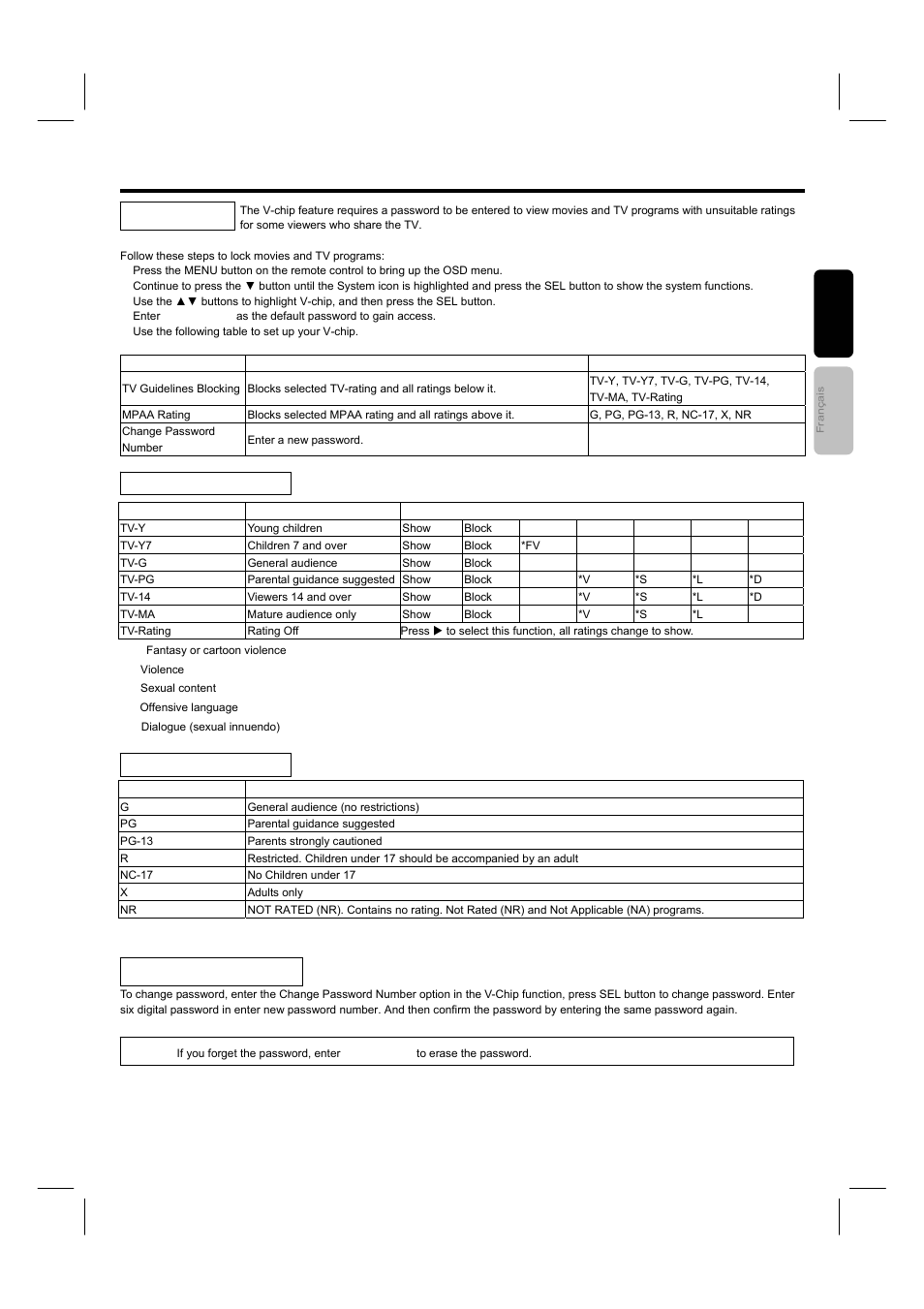 Setting up the v-chip, V-chip | Hitachi 42HDF52A User Manual | Page 34 / 52