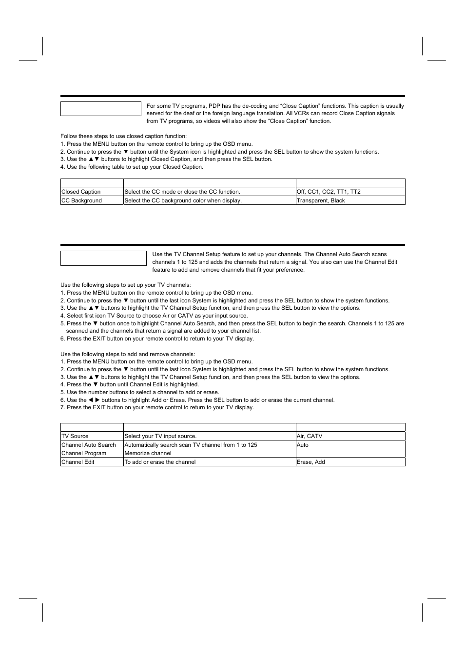 Setting up the closed caption, Setting up the tv channels, Closed caption tv channel setup | Hitachi 42HDF52A User Manual | Page 35 / 52