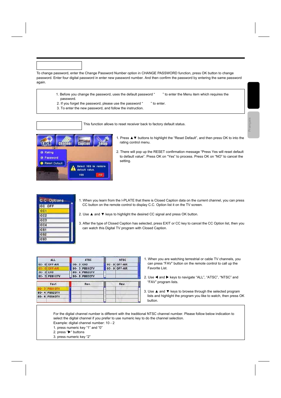 Setting up your dtv, Care of your hitachi plasma display, Closed caption | Favorite channel list | Hitachi 42HDF52A User Manual | Page 40 / 52