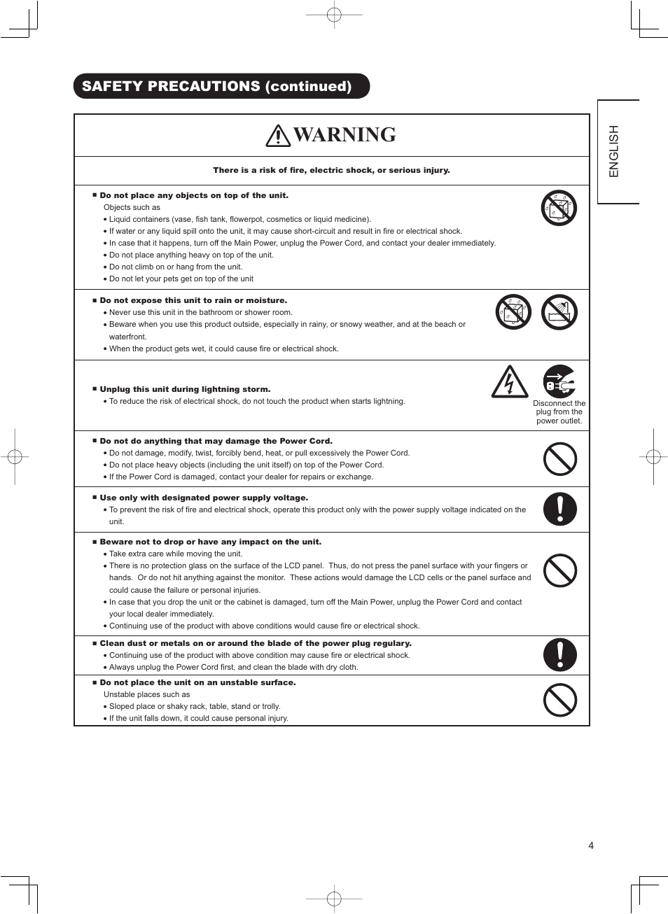 Warning, Safety precautions (continued), English | Hitachi 32LD8800TA User Manual | Page 7 / 63