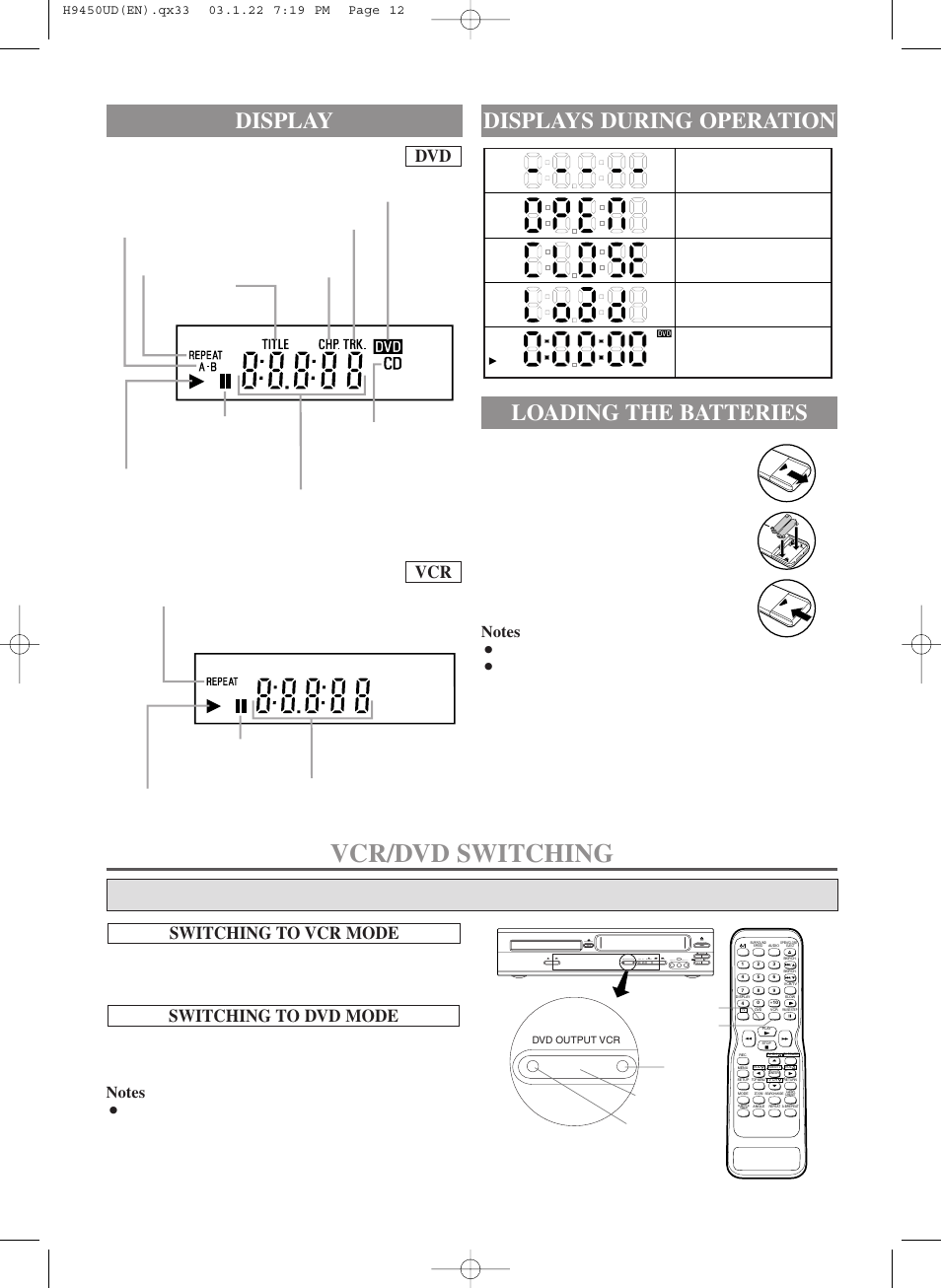 Vcr/dvd switching, Dvd vcr, Switching to vcr mode | Switching to dvd mode, Do not mix alkaline and manganese batteries, Do not mix old and new batteries, 1l25 | Hitachi DV-PF33U User Manual | Page 12 / 44